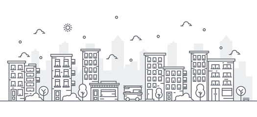 Fototapeta premium Illustration of buildings in line style with various shapes of buildings. Beautiful urban views with trees.