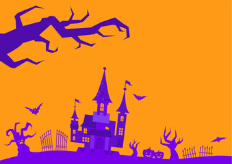Vector illustration of halloween background. Orange background with flying bats, old house, trees.