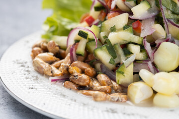 close up shot of a cucumber, onion, carrot vegetable ceviche, accompanied by cancha serrana and crispy plantain, served in a white plate on a gray textured wooden background.