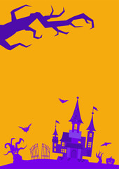 Vector illustration of halloween background. Orange background with flying bats, old house, trees.