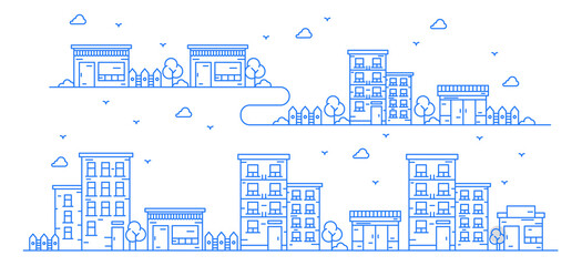 Illustration of buildings in various forms with trees. Beautiful urban views