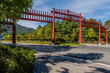 Large red wooden gate