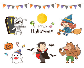 魔女 ミイラ男 吸血鬼 狼男 おばけ ハロウィン