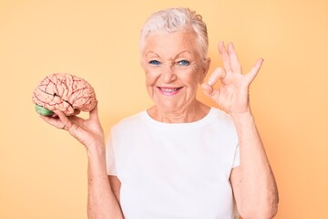 Senior beautiful woman with blue eyes and grey hair holding brain as mental health concept doing ok...