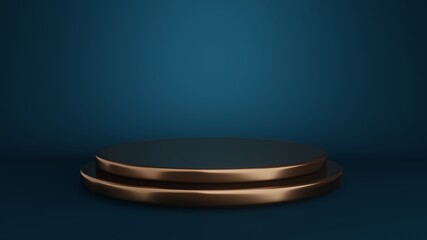 Gold round podiums illuminated by spotlights on blue background. Stage with scenic lights. 3d render