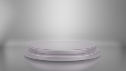 Round white stage podium illuminated with light on gray background. 3d render