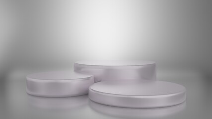 Round white stage podium illuminated with light on gray background. 3d render