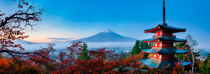 Asian Travel Destinations. Amazing Fuji Mountain With Chureito Pagoda During Fall Season in...