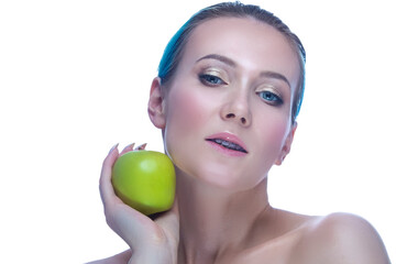 Beauty Image Of Gentle Caucasian Female with Teeth Braces and Smooth Skin. Posing With Green Apple. Ideal for Promoting Dental Care Products.  Against White.