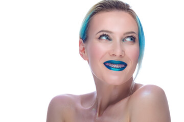 Beauty Image of Cute Caucasian Female with Silky Skin and Colorful Blue Hair. Wearing Teeth Brackets. Suitable for Promoting Your Dental Care Products. Against White.
