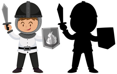 Cute knight cartoon character with its silhouette