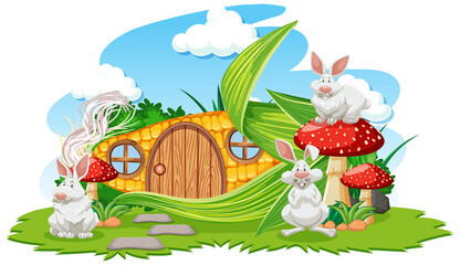 Corn house with three rabbit cartoon style on white background