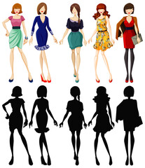 Set of fashionable lady with its silhouette