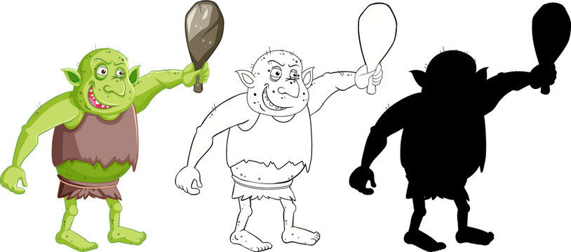 Goblin or troll holding hunting tool in color and outline and silhouette in cartoon character on white background