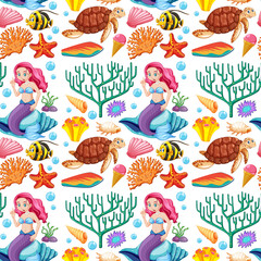 Fototapeta na wymiar Seamless mermaid and sea animal cartoon character on white background