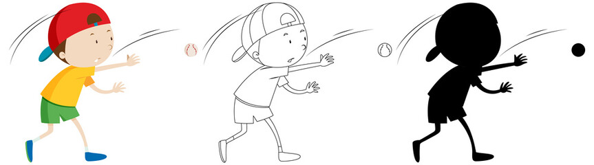Boy playing baseball in colour and outline and silhouette