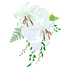 Illustration of Casablanca (lily) and rose wedding bouquet (boutonniere)