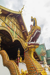Beautiful art, religious places and religious objects in Myanmar mixed with Lanna style at Wat Ming Muang Buddhist temple, Chiang Rai, Thailand. Mixed Lanna and Burmese arts.