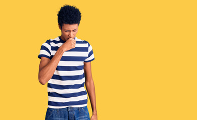 Young african american man wearing casual clothes feeling unwell and coughing as symptom for cold or bronchitis. health care concept.