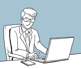 Businessman working with a laptop computer and mobile phone, Vector illustration character, draw, sketch, doodle style.