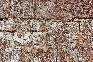 Texture wall made of big grey stones covered with moss.