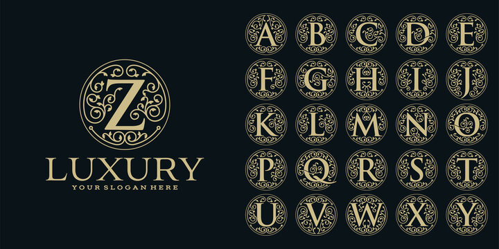 Set of initial letter luxury ornament monogram logo. decorative crown ring set . luxury silver initial alphabet logo template.
