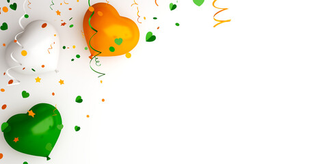 Happy Independence Day of India decoration background, heart shape balloon, star and ribbon, confetti on white, greeting card, banner, template, flyer, copy space text, 3D illustration.