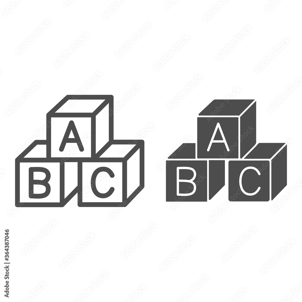 Poster children cubes line and solid icon, education concept, toy cubes with letters sign on white backgrou