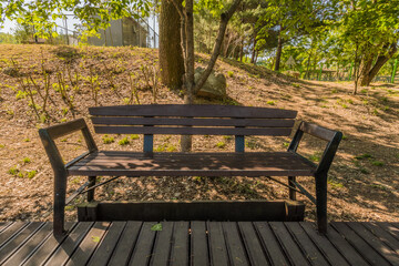 Closeup of a wooden park bench