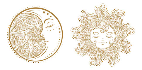 Ethnic sun and moon symbols. Temporary tattoo set.