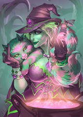 Fantasy illustration. Witch and her cat and a love potion.