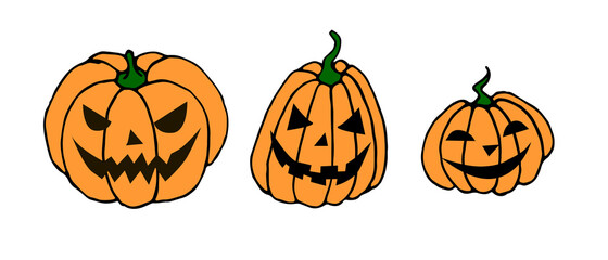 Set of Simple smiling Halloween pumpkin isolated on white background. Jack Lantern. Vector hand drawn illustration in cartoon style