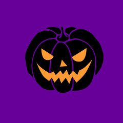 Simple smiling black lit Halloween pumpkin isolated on dark purple background. Jack Lantern. Vector hand drawn illustration in cartoon style