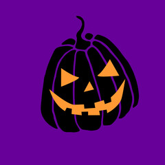 Simple smiling black lit Halloween pumpkin isolated on dark purple background. Jack Lantern. Vector hand drawn illustration in cartoon style