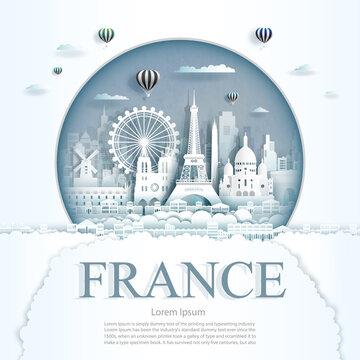 Travel France monument with ancient and city modern building in circle background.