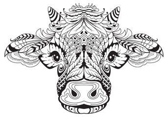 Cow head female symbol of 2021 tribal tattoo. Black white drawing from abstract pattern