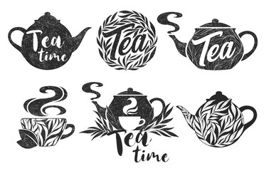 Tea hand drawn logo collection with black teapots, cups, leaves, branches and letterings isolated on white background. Natural organic design concept for label, emblem, packaging