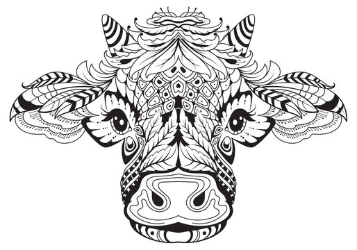 Cow head female symbol of 2021 tribal tattoo. Black white drawing from abstract pattern