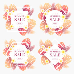 Fototapeta na wymiar Summer sale vector banners collection with tropical colorful monstera, palm leaves and exotic flowers. Design for advertising, flyer, promotion, invitation,card, website, poster