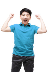 An Asian boy wearing a blue shirt is doing some gesture.