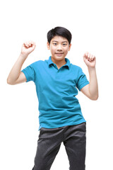 An Asian boy wearing a blue shirt is doing some gesture.