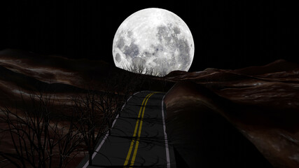 A rural road in a mountain with moon is going down(3D Rendering)