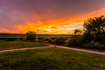 Golden sunset over a rural area park