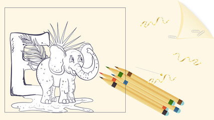 illustration layout banner of the English alphabet for learning the alphabet letter E elephant on a sheet of paper with colored pencils outline Doodle