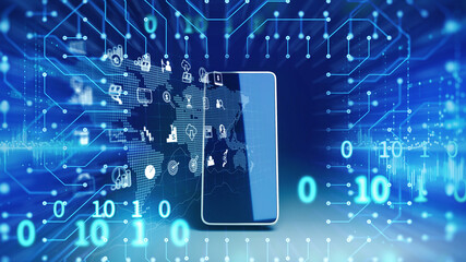 fintech icon and technology element on mobile phone 3d rendering