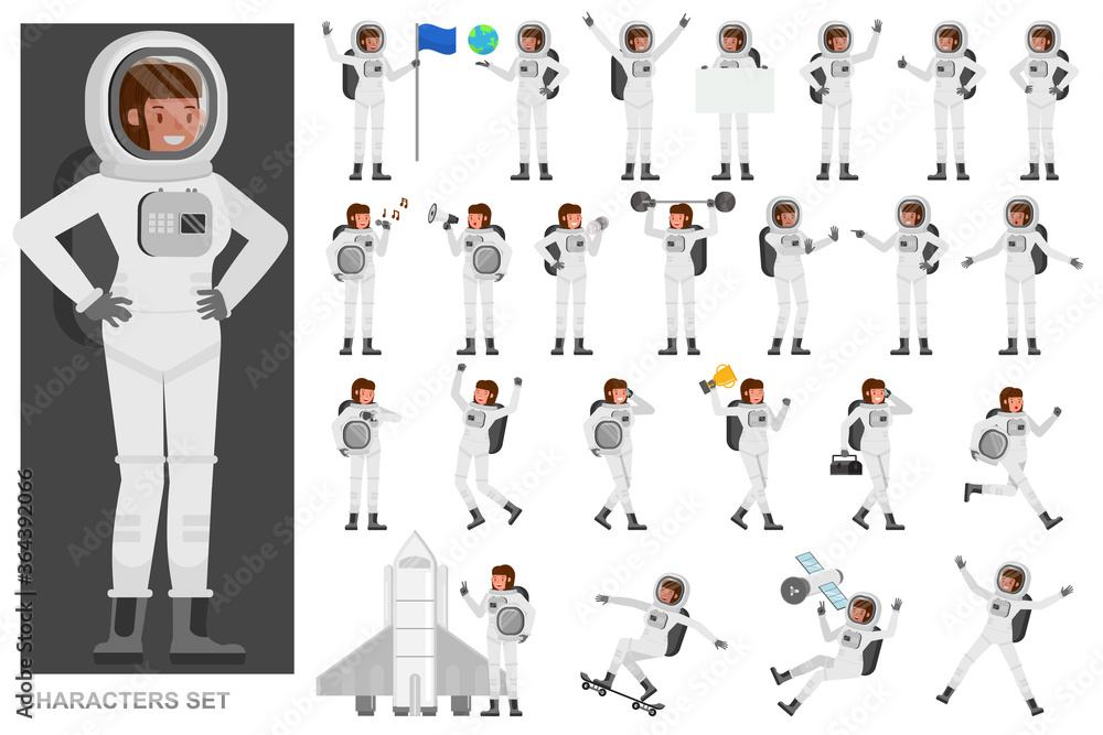 Poster set of astronaut woman people working character vector design. presentation in various action with e