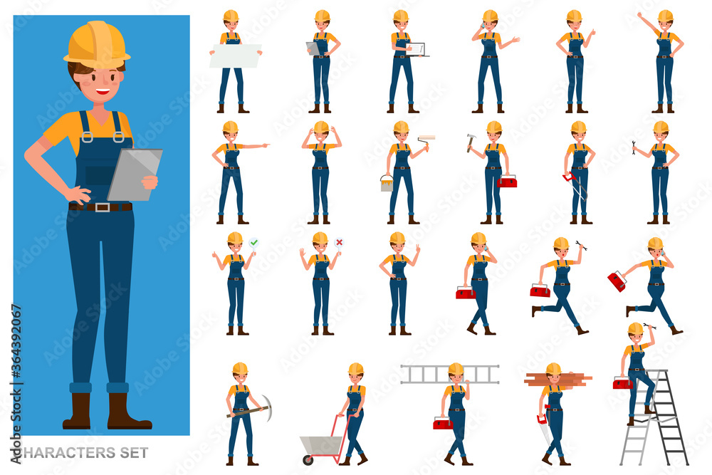 Poster set of builder woman people working character vector design. presentation in various action with emo