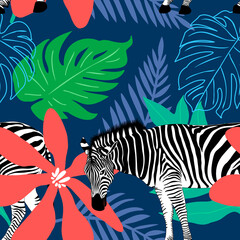 Fototapeta na wymiar Collage contemporary floral and zebra seamless pattern. Modern exotic jungle plants. vector illustration design.