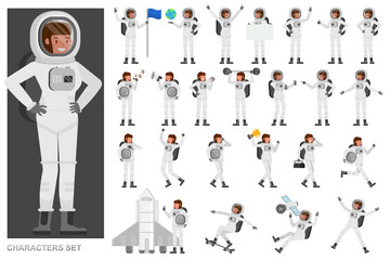 Set of Astronaut woman people working character vector design. Presentation in various action with emotions, running, standing and walking.
