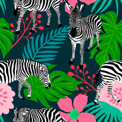 Fototapeta na wymiar Collage contemporary floral and zebra seamless pattern. Modern exotic jungle plants. vector illustration design.